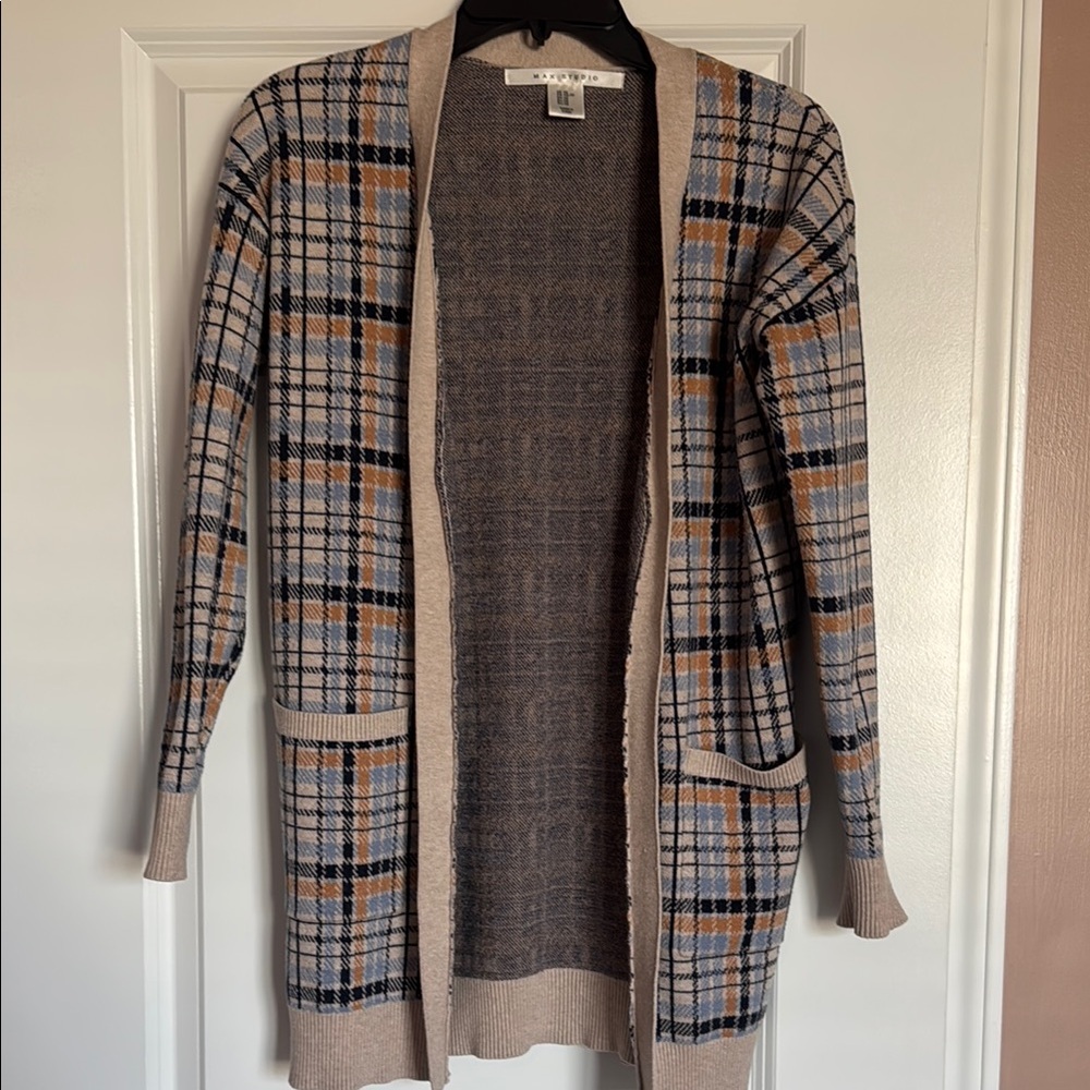 Max Studio Plaid Open Front Cardigan